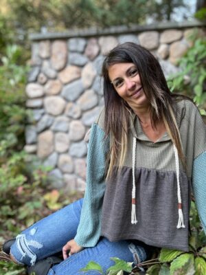 Waffle Knit Patchwork Drawstring Hooded Top