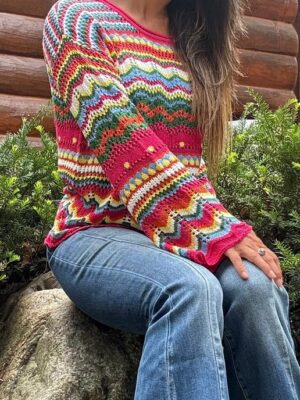 Colorblock Striped Hollowed Knit Sweater