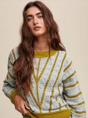 V-Striped Pointelle Knit Sweater
