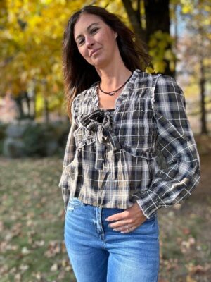 Plaid Front Bow Tie Smocked Blouse Top