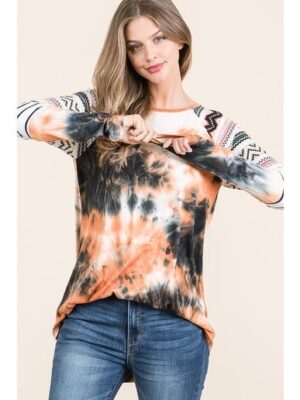 ANIMAL CONTRAST LONG SLEEVE TIEDYE TOP