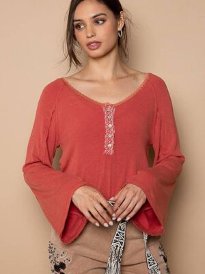 Neckline Trim Round Neck Button Shirt